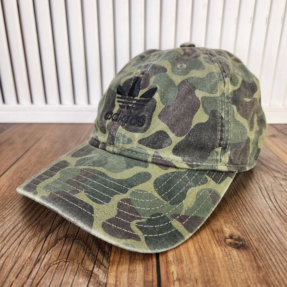 Adidas Originals Relaxed Camo Strapback Cap Green Woodland Camo Trefoil Dad Hat